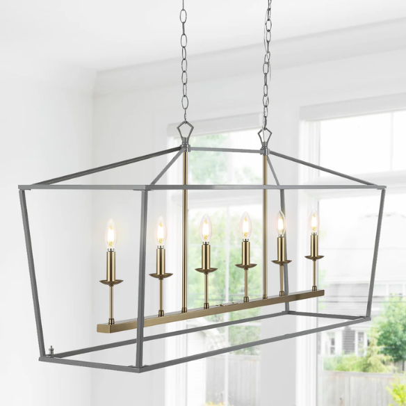 Grey and brass gold lantern-style pendant light with open metal frame and LED bulb, perfect for kitchens, foyers, and hallways

