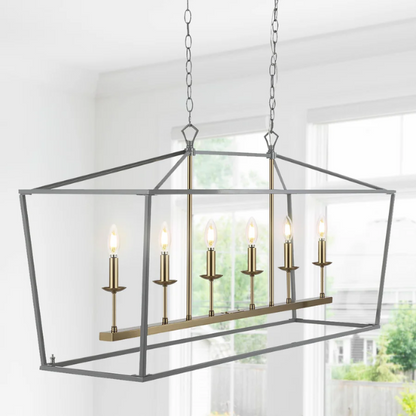 Grey and brass gold lantern-style pendant light with open metal frame and LED bulb, perfect for kitchens, foyers, and hallways

