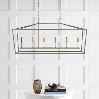 Grey and brass gold lantern-style pendant light with open metal frame and LED bulb, perfect for kitchens, foyers, and hallways

