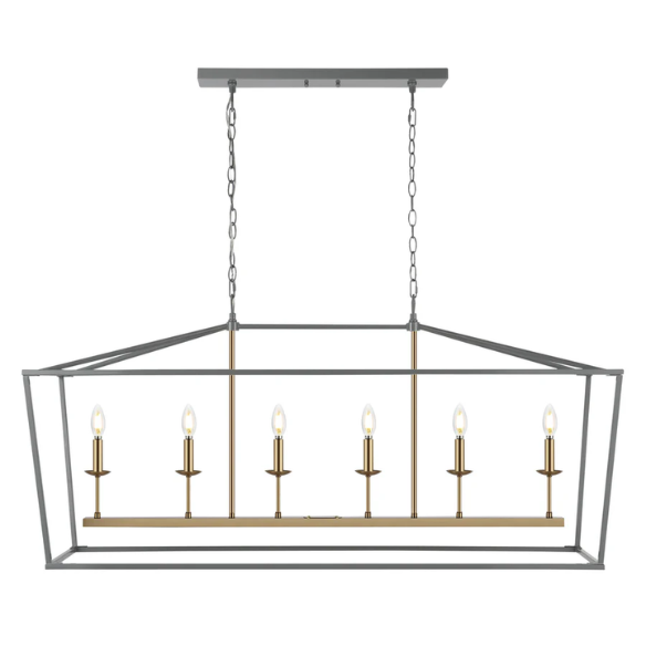 Grey and brass gold lantern-style pendant light with open metal frame and LED bulb, perfect for kitchens, foyers, and hallways


