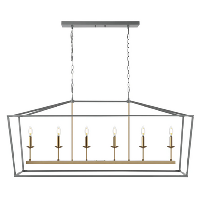 Grey and brass gold lantern-style pendant light with open metal frame and LED bulb, perfect for kitchens, foyers, and hallways

