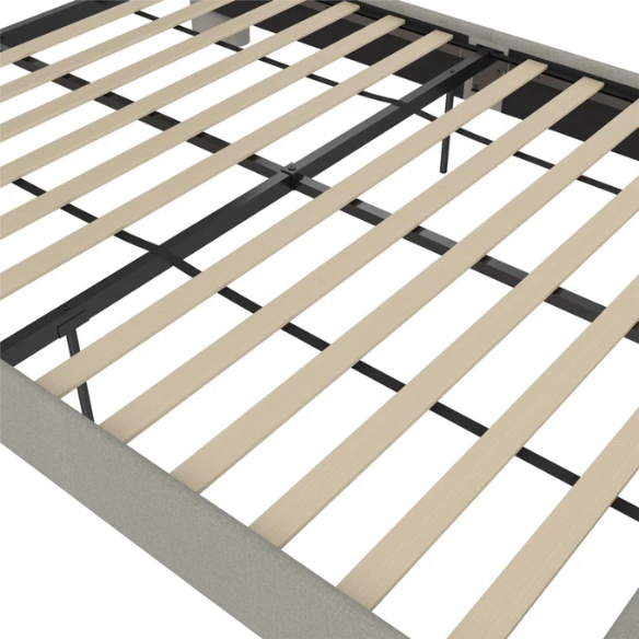 Grey canvas queen platform bed with extra-tall wingback tufted headboard and black tapered legs.

