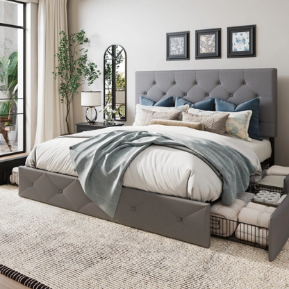 Grey polyester upholstered queen bed with diamond-tufted adjustable headboard and four underbed storage drawers.

