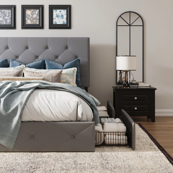 Grey polyester upholstered queen bed with diamond-tufted adjustable headboard and four underbed storage drawers.

