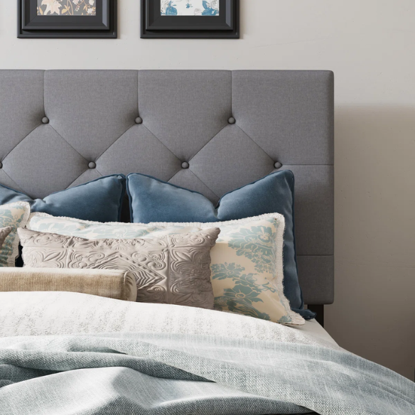 Grey polyester upholstered queen bed with diamond-tufted adjustable headboard and four underbed storage drawers.

