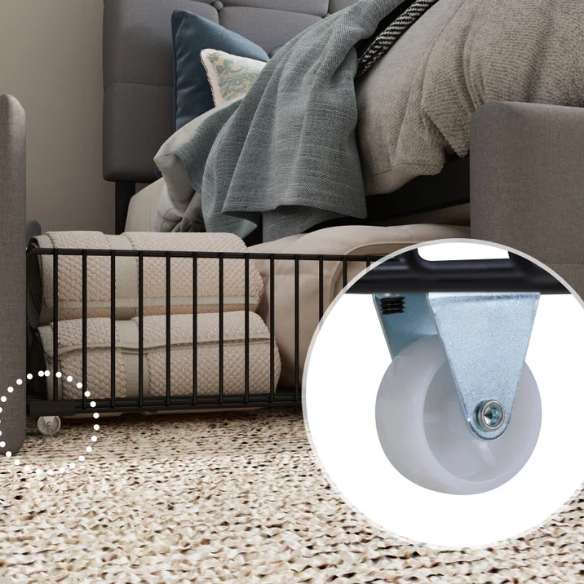 Grey polyester upholstered queen bed with diamond-tufted adjustable headboard and four underbed storage drawers.

