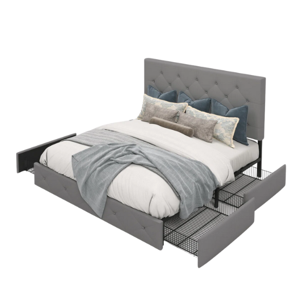Grey polyester upholstered queen bed with diamond-tufted adjustable headboard and four underbed storage drawers.


