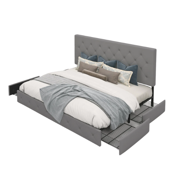 Grey polyester upholstered queen bed with diamond-tufted adjustable headboard and four underbed storage drawers.

