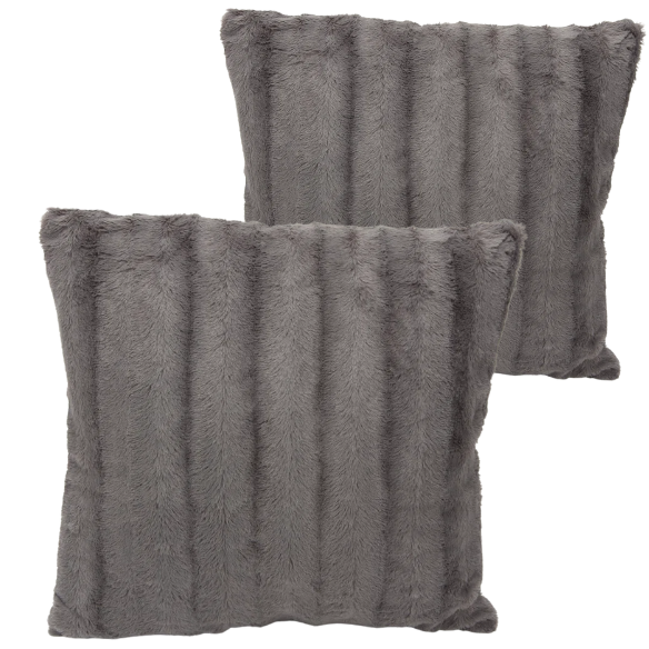 Set of two grey faux fur throw pillows, 18x18 inches, square plush decorative cushions with soft microfiber filling—perfect for modern sofas, beds, and neutral-toned interiors

