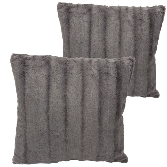 Set of two grey faux fur throw pillows, 18x18 inches, square plush decorative cushions with soft microfiber filling—perfect for modern sofas, beds, and neutral-toned interiors

