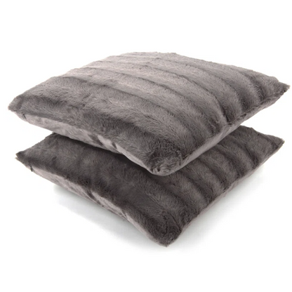 Set of two grey faux fur throw pillows, 18x18 inches, square plush decorative cushions with soft microfiber filling—perfect for modern sofas, beds, and neutral-toned interiors

