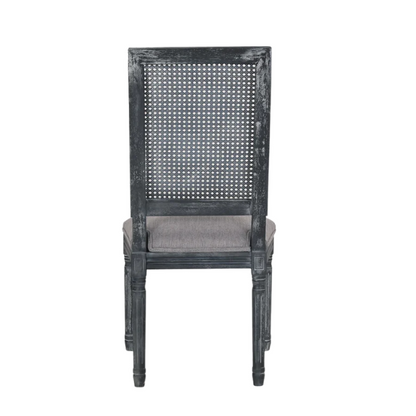 Set of 6 grey French country dining chairs with cane backs, upholstered seats, and weathered wood finish, perfect for rustic farmhouse interiors.

