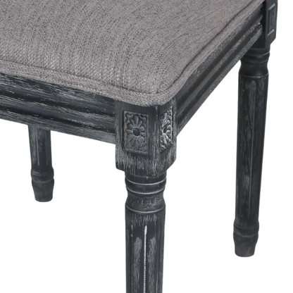 Set of 6 grey French country dining chairs with cane backs, upholstered seats, and weathered wood finish, perfect for rustic farmhouse interiors.


