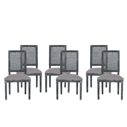 Set of 6 grey French country dining chairs with cane backs, upholstered seats, and weathered wood finish, perfect for rustic farmhouse interiors.

