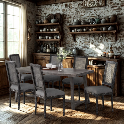 Set of 6 grey French country dining chairs with cane backs, upholstered seats, and weathered wood finish, perfect for rustic farmhouse interiors.

