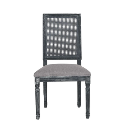 Set of 6 grey French country dining chairs with cane backs, upholstered seats, and weathered wood finish, perfect for rustic farmhouse interiors.

