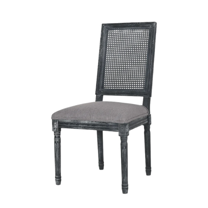 Set of 6 grey French country dining chairs with cane backs, upholstered seats, and weathered wood finish, perfect for rustic farmhouse interiors.

