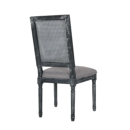 Set of 6 grey French country dining chairs with cane backs, upholstered seats, and weathered wood finish, perfect for rustic farmhouse interiors.

