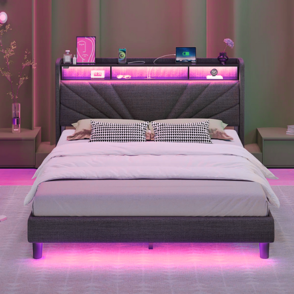 Grey full size platform bed with linen upholstery, wingback headboard featuring RGB LED lights, built-in USB and USB-C ports, and three-tier storage compartments.

