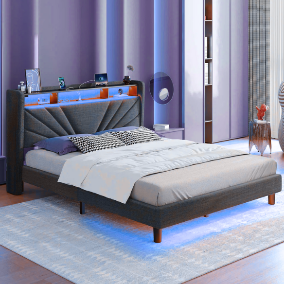 Grey full size platform bed with linen upholstery, wingback headboard featuring RGB LED lights, built-in USB and USB-C ports, and three-tier storage compartments.

