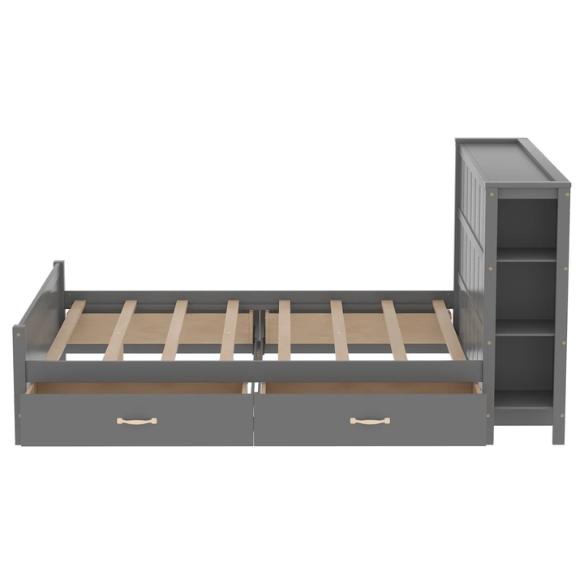 Grey full size platform bed with four underbed storage drawers, integrated headboard shelving, and solid wood slat support
