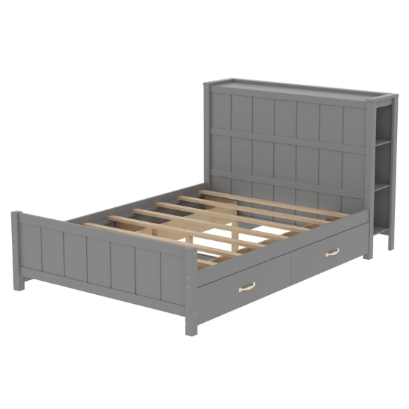 Grey full size platform bed with four underbed storage drawers, integrated headboard shelving, and solid wood slat support