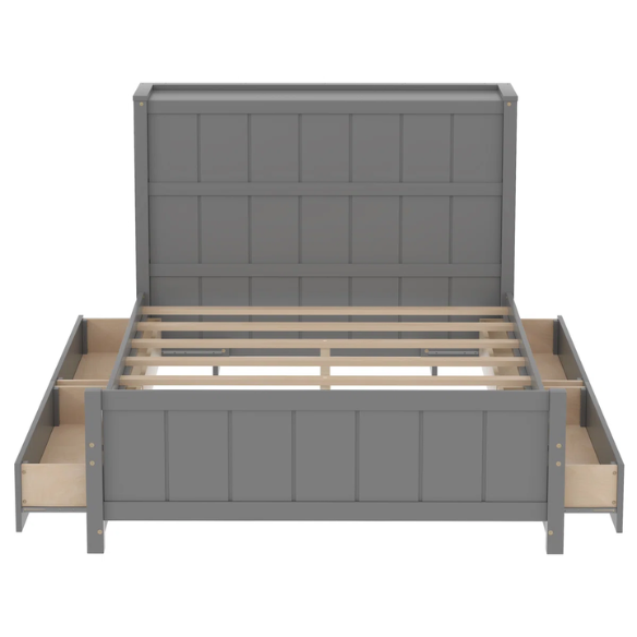 Grey full size platform bed with four underbed storage drawers, integrated headboard shelving, and solid wood slat support