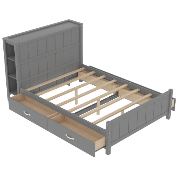 Grey full size platform bed with four underbed storage drawers, integrated headboard shelving, and solid wood slat support
