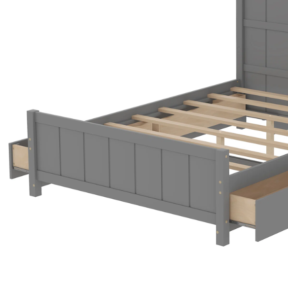 Grey full size platform bed with four underbed storage drawers, integrated headboard shelving, and solid wood slat support