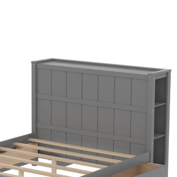 Grey full size platform bed with four underbed storage drawers, integrated headboard shelving, and solid wood slat support