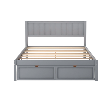 Full size grey platform bed with two built-in storage drawers, solid pine and MDF frame, rectangular grey headboard, and 11-inch clearance from floor to bottom.

