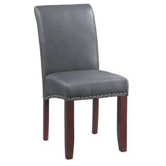 Grey leather Parsons chair with high back, scrolled shoulders, antique bronze nailhead trim, and solid wood legs