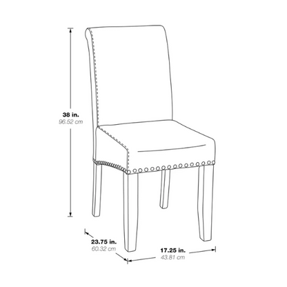 Grey leather Parsons chair with high back, scrolled shoulders, antique bronze nailhead trim, and solid wood legs