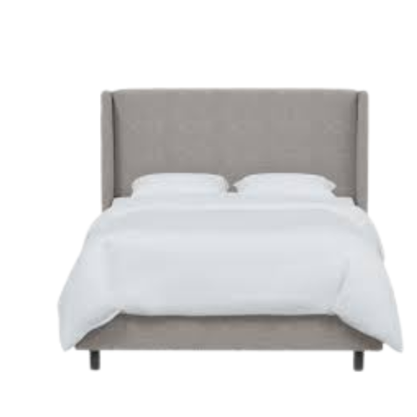 Grey king-size upholstered bed in linen fabric with wingback headboard and black metal legs.

