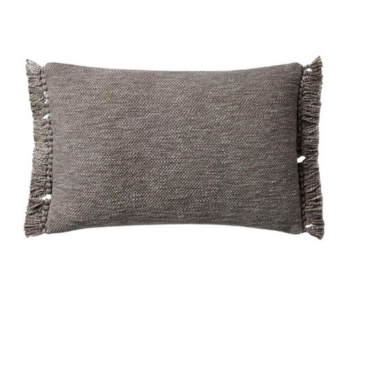 Grey rectangular lumbar throw pillow with fringe trim, 13x21 inches, featuring a cotton-polyester-rayon cover and plush polyester fill—perfect for modern and neutral interior décor.

