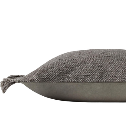 Grey rectangular lumbar throw pillow with fringe trim, 13x21 inches, featuring a cotton-polyester-rayon cover and plush polyester fill—perfect for modern and neutral interior décor.

