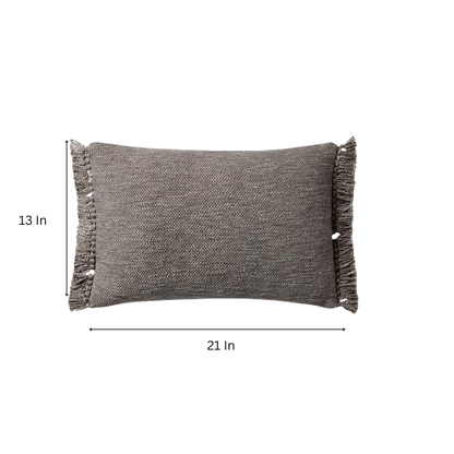 Grey rectangular lumbar throw pillow with fringe trim, 13x21 inches, featuring a cotton-polyester-rayon cover and plush polyester fill—perfect for modern and neutral interior décor.

