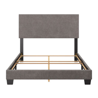 Full-size grey upholstered bed with soft polyester fabric, tall foam-padded headboard, and sleek rectangular frame design.

