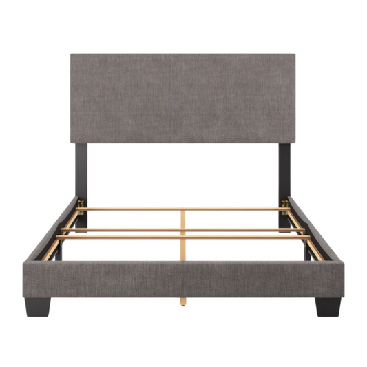 Full-size grey upholstered bed with soft polyester fabric, tall foam-padded headboard, and sleek rectangular frame design.

