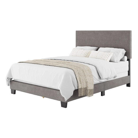 Full-size grey upholstered bed with soft polyester fabric, tall foam-padded headboard, and sleek rectangular frame design.

