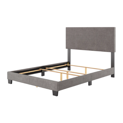 Full-size grey upholstered bed with soft polyester fabric, tall foam-padded headboard, and sleek rectangular frame design.

