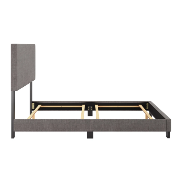 Full-size grey upholstered bed with soft polyester fabric, tall foam-padded headboard, and sleek rectangular frame design.

