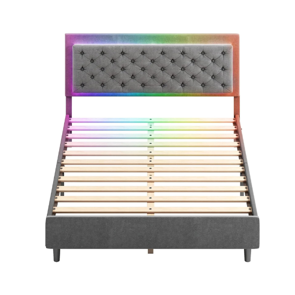 Grey full size upholstered bed frame with tufted velveteen headboard, built-in RGB LED strip lighting, and smart app control features