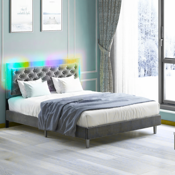 Grey full size upholstered bed frame with tufted velveteen headboard, built-in RGB LED strip lighting, and smart app control features