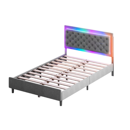 Grey full size upholstered bed frame with tufted velveteen headboard, built-in RGB LED strip lighting, and smart app control features