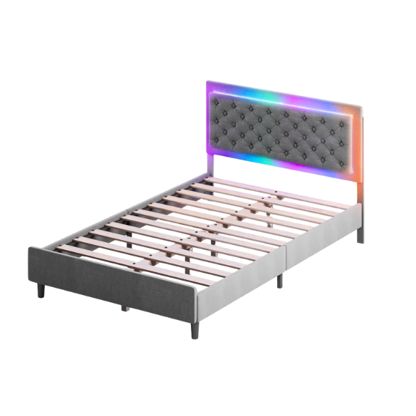 Grey full size upholstered bed frame with tufted velveteen headboard, built-in RGB LED strip lighting, and smart app control features