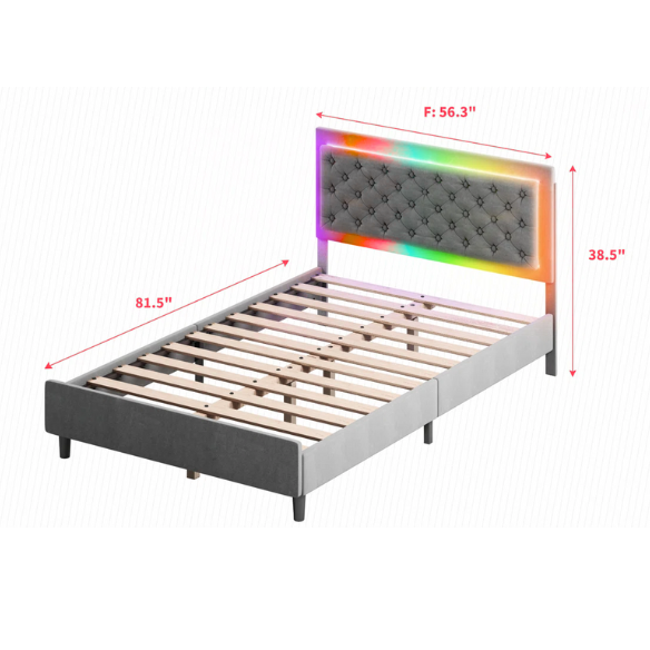 Grey full size upholstered bed frame with tufted velveteen headboard, built-in RGB LED strip lighting, and smart app control features