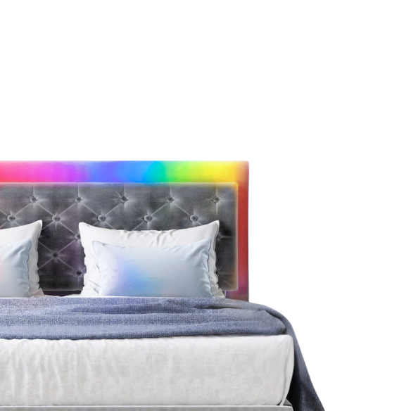 Grey full size upholstered bed frame with tufted velveteen headboard, built-in RGB LED strip lighting, and smart app control features