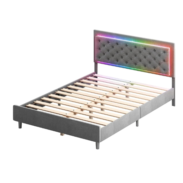Grey full size upholstered bed frame with tufted velveteen headboard, built-in RGB LED strip lighting, and smart app control features