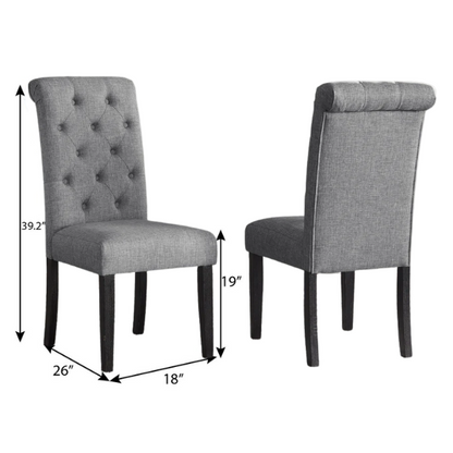 Set of 2 grey tufted high-back dining chairs with espresso-finished solid wood legs and foam-padded polyester upholstery—ideal for farmhouse and modern dining spaces.

